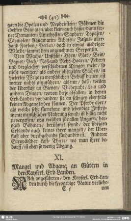 XI. Mangel und Abgang an Gütern in den Kayserl. Erb.-Landen