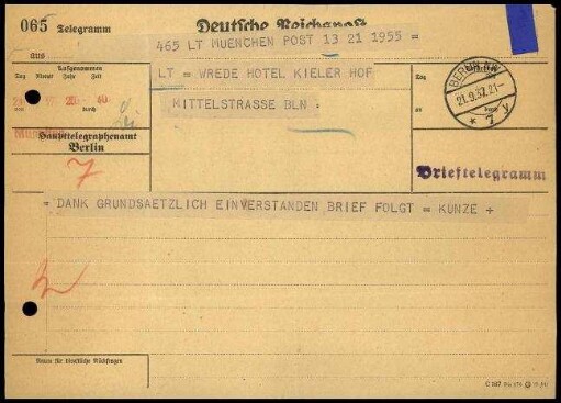 E. Kunze an W. Wrede