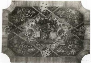 Tischplatte mit Genreszene : Tischplatte mit Genreszene. Holz, furniert, Intarsien, emalt (um 1750). Moritzburg, Schloss