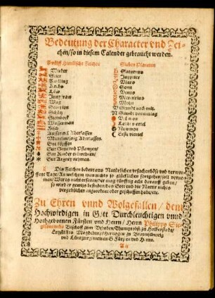 Bedeutung der Character und Zeichen/ so in diesem Calender gebraucht werden.