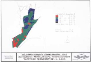 Yield Map Scheyern "Oberes Hohlfeld" 1992 (Spring Barley; ASHTEC-GPS; Yield Measurement "YIELD-O-METER", 5. + 6.8.1992)