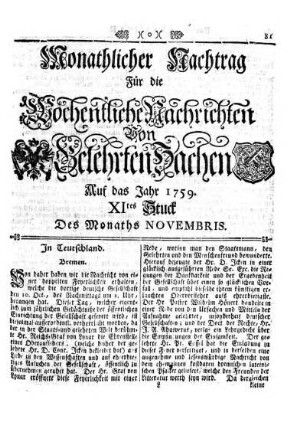 Monathlicher Nachtrag [...] XItes Stuck Des Monaths Novembris