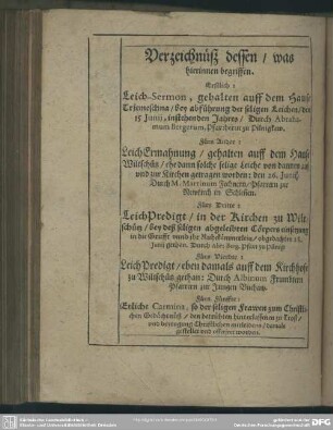 Verzeichnüsz dessen, was hierinnen begriffen