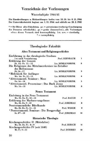 Verzeichnis der Vorlesungen Winterhalbjahr 1944/45