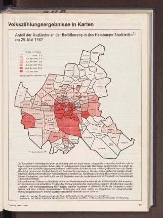 Anteil der Ausländer an der Bevölkerung in den Hamburger Stadtteilen am 25. Mai 1987