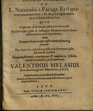 Discursus Academicus Ad L. Naturalis. 5. Paragr. Et si quidem pecuniam dem ...