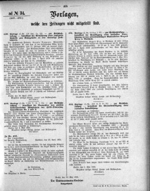 Anlage: ad No.34 (449-452), Vorlagen, welche den Zeitungen nicht mitgeteilt sind
