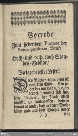 Vorrede Zum siebenden Paquet der Remarquable-cur. Briefe