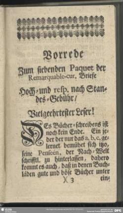 Vorrede Zum siebenden Paquet der Remarquable-cur. Briefe