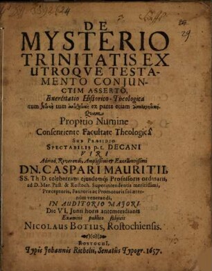 Diss. de mysterio trinitatis, ex utroque Testamento coniunctim asserto
