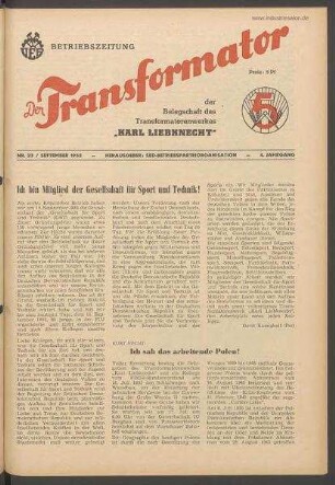 TRO-Betriebszeitung 'Der Transformator'; Nr. 23/1952 (September 1952)