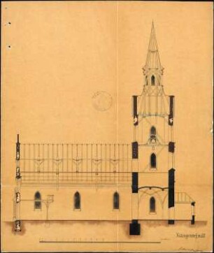 Erweiterung der Kirche in Erlach; Längenschnitt; koloriert