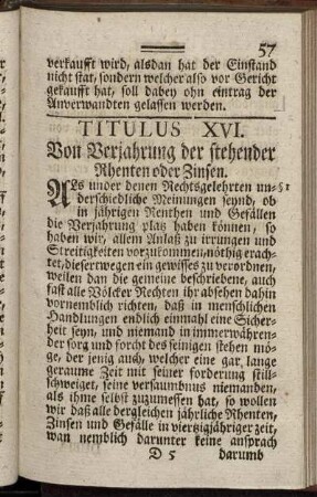 Titulus XVI. Von Verjahrung der stehender Rhenten oder Zinsen