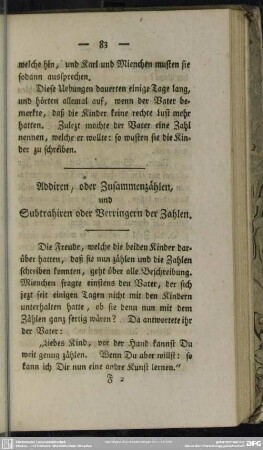 Addiren, oder Zusammenzählen, und Subtrahiren oder Verringern der Zahlen
