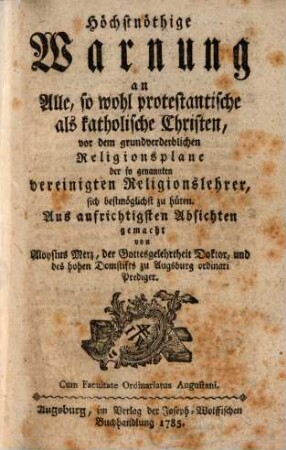 Höchstnöthige Warnung an Alle ... Christen, ... vor dem Religionsplane der ... vereinigten Religionslehrer ..