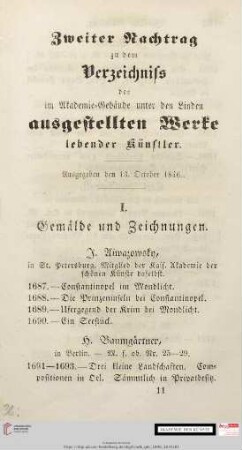 Zweiter Nachtrag zu dem Verzeichnis der im Akademie-Gebäude unter den Linden augestellten Werke lebender Künstler