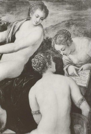 Musizierende Frauen : Tintoretto, Jacopo:. Musizierende Frauen. Ausschnitt Bildfeld rechts oben: drei Musen mit Notenbuch. Ölmalerei; 142 x 214 cm. Dresden: Gemäldegalerie Alte Meister Kat. 1908, Nr. 265