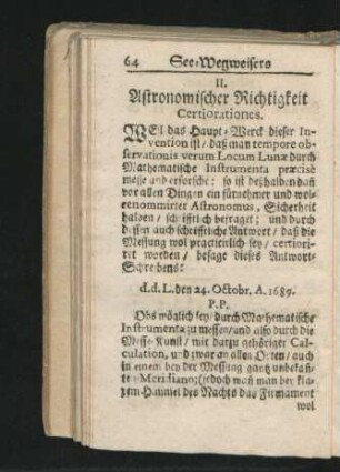 II. Astronomischer Richtigkeit Certiorationes.