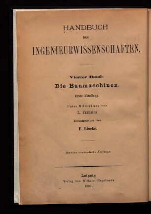 Bd. 4, Abt. 1: Einleitung, Wasserhebemaschinen, Baggermaschinen, Rammen und zugehörige Hilfsmaschinen