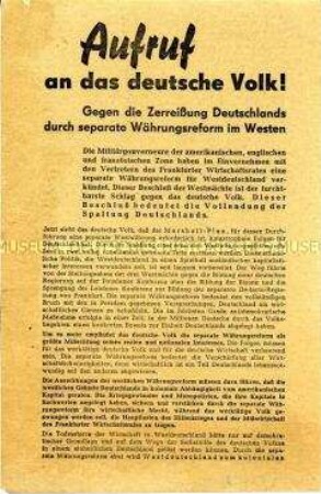 Propagandaflugblatt der SED gegen die separate Währungsreform in den Westzonen