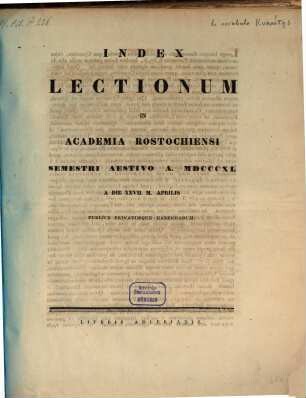 Index lectionum in Academia Rostochiensi ... publice privatimque habendarum, SS 1840