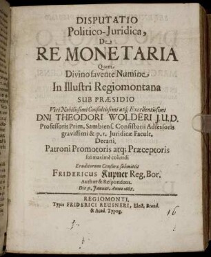 Disputatio Politico-Iuridica, De Re Monetaria