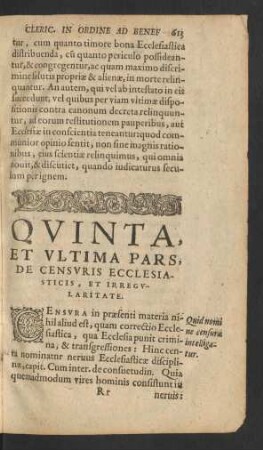 Quinta, Et Ultima Pars, De Censuris Ecclesiasticis, Et Irregularitate.