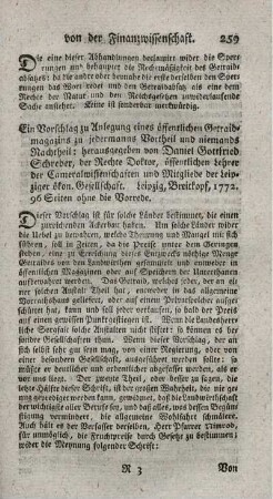 Ein Vorschlag zu Anlegung eines öffentlichen Getraidemagazins zu jedermanns Vortheil und niemands Nachtheil.