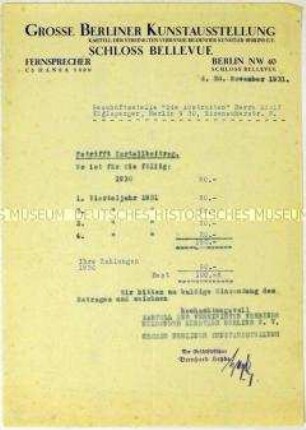 Schreiben des Kartells der Vereinigten Verbände Bildender Künstler Berlins an die "Die Zeitgemäßen" (Die Abstrakten) zu Kartellbeiträgen für das Jahr 1930 - Sachkonvolut