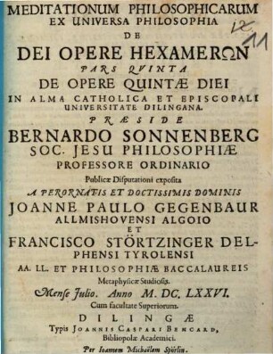 Meditationum Philosophicarum Ex Universa Philosophia De Dei Opere Hexamerōn Pars ..., 5. De Opere Quintae Diei