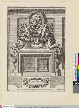 [Kaminentwurf mit geschlossenen Läden, darüber eine Kartusche mit einem Bildnis des Evangelisten Johannes; Cheminée dont l'âtre est clos de volets et la hotte surmontée du buste de saint Jean l'Évangéliste]