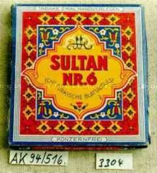 Pappschachtel für 6 Stück Zigaretten "SULTAN NR. 6 ECHT TÜRKISCHE BLATTAUSLESE"