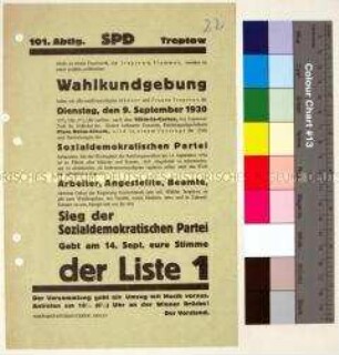 Handzettel der Sozialdemokratischen Partei Deutschlands in Teltow mit Einladung zur Wahlkundgebung im Viktoria-Garten im Vorfeld der Reichstagswahl