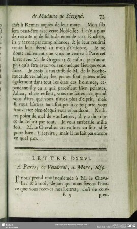 Lettre DXXVI. A Paris, ce Vendredi, 4. Mars, 1689
