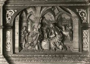 Prag (Praha/Tschechien), Altstädter Ring. Kirche St. Maria vor dem Teyn. Renaissance-Altar (um 1530). Detail: Predella, Christi Geburt