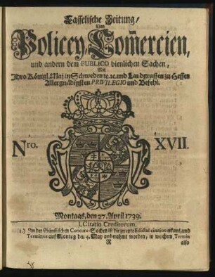 Nro. XVII, Montags, den 27. April 1739