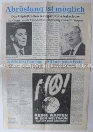 Sonderdruck der Deutschen Friedensunion zum bevorstehenden Treffen Reagan-Gorbatschow in Genf - Sachkonvolut
