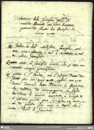 [Faszikel 11:] Notizia delle Famiglie nobili, ed antiche Romane con altre diventate potenti ed illustri