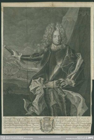 Sereniss. Princeps ac Dominus Domin[us] Johannes Guilielmus, Dux Saxoniae Iuliaci, Cliviae, Montium Angriv. et Westphaliae, Landgravius Thuringiae, March. Misniae, Prin. dignitate, Com. Henneb. Com. Marcae et Ravensbergae, Dynasta Ravensteinii et Tonnae, Sacrae Caesarae Maiestatis Campi-Mareschallus Locumentens Generalis, nec non Reginae Magni Britanniae, et Ordnium Belgii foederati Locumtenens Generalis