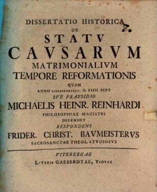 Diss. hist. de statu causarum matrimonialium tempore reformationis