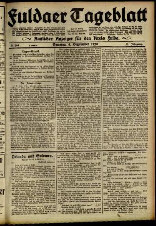 Erste Ausgabe vom Samstag, den 04. September 1920.