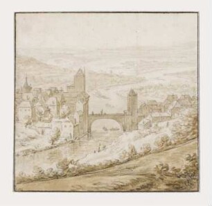 Blick in ein Flußtal mit Stadt und Brücke