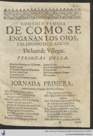 Comedia famosa de como se engañan los oios, y el engaño en el anillo.