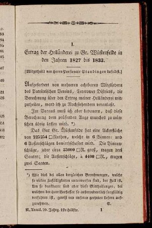 I. Ertrag der Holländerei zu Gr. Wüstenfelde in den Jahren 1827 bis 1833