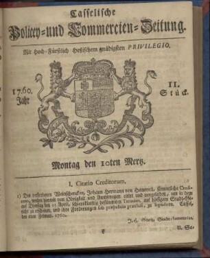 11. Stueck, Montag den 10ten Mertz 1760