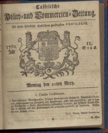 11. Stueck, Montag den 10ten Mertz 1760