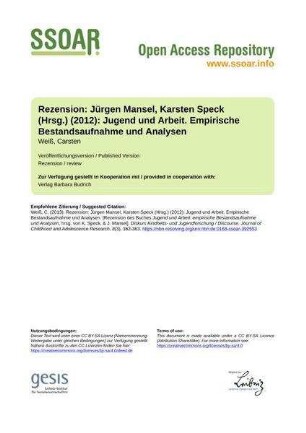 Rezension: Jürgen Mansel, Karsten Speck (Hrsg.) (2012): Jugend und Arbeit. Empirische Bestandsaufnahme und Analysen