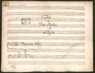 Trios, vl (2), b, D-Dur - BSB Mus.ms. 1475 : [title, vl 1:] Trio // a // Due Violini // et // Basso // Del Sig: Francesco Negri // [Incipit]