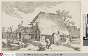 [Bauernhaus nach einem Sturm mit Schilfbündeln links und einem Eimer tragenden Bauern im Vordergrund]