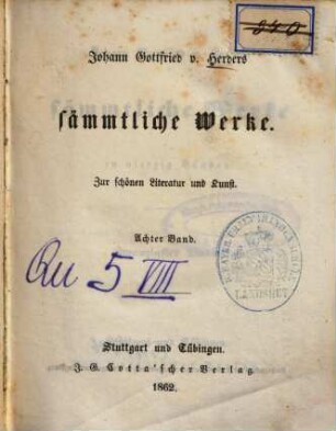 Johann Gottfried v. Herders sämmtliche Werke : in vierzig Bänden, 20. Zur schönen Literatur und Kunst ; 8